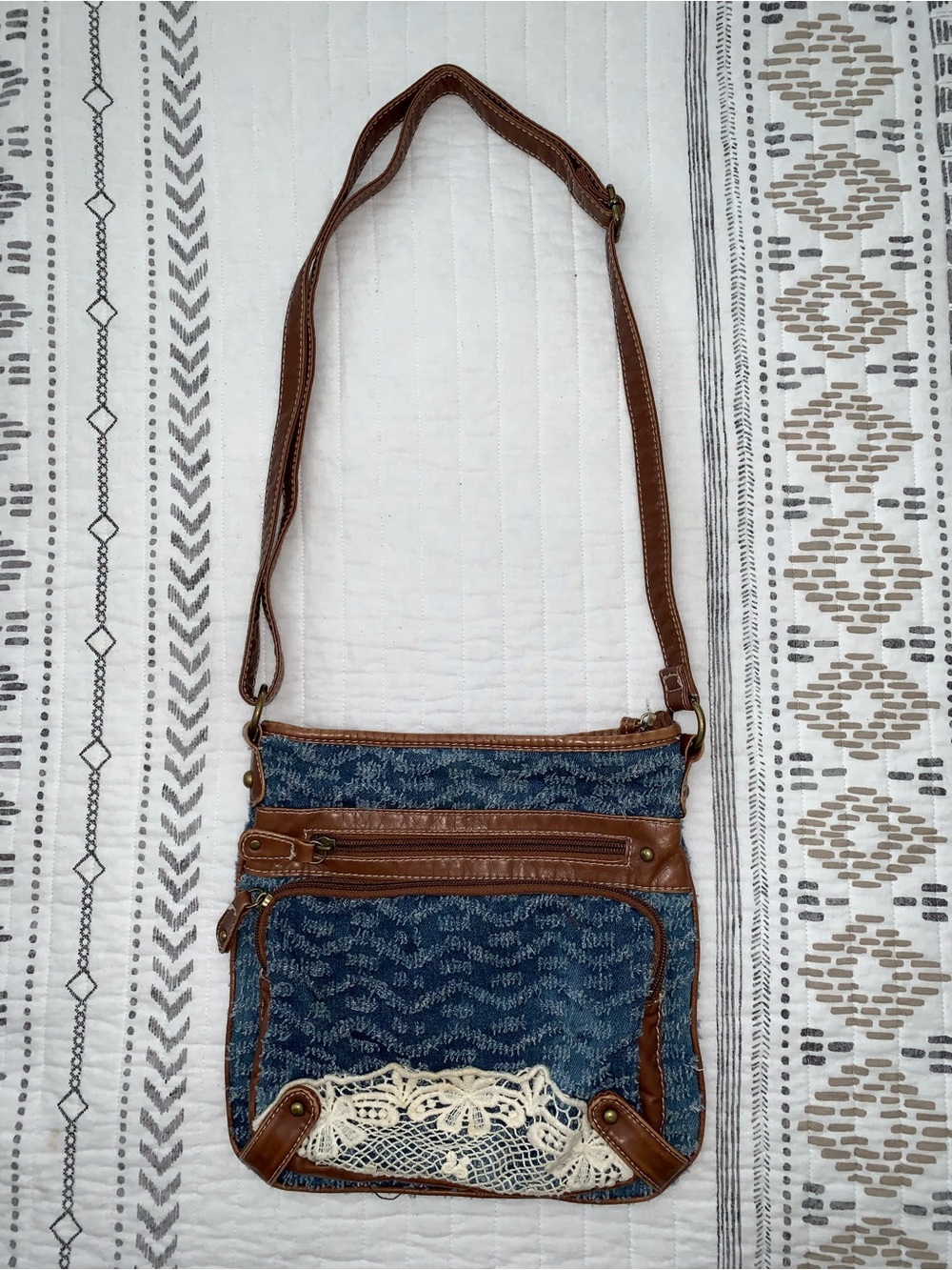 Brown and Blue Crossbody Bag with Crochet Accent